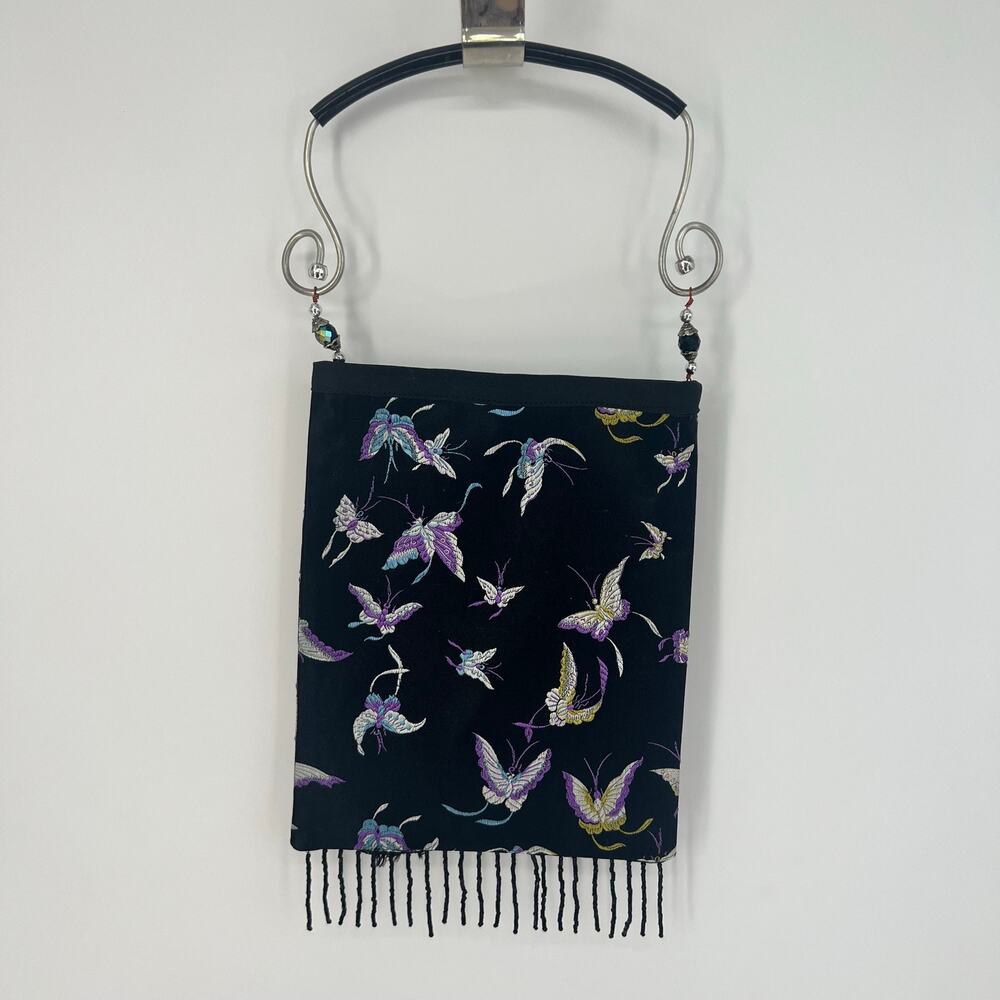 Black Silk Brocade Bag w butterflies and beaded fringe